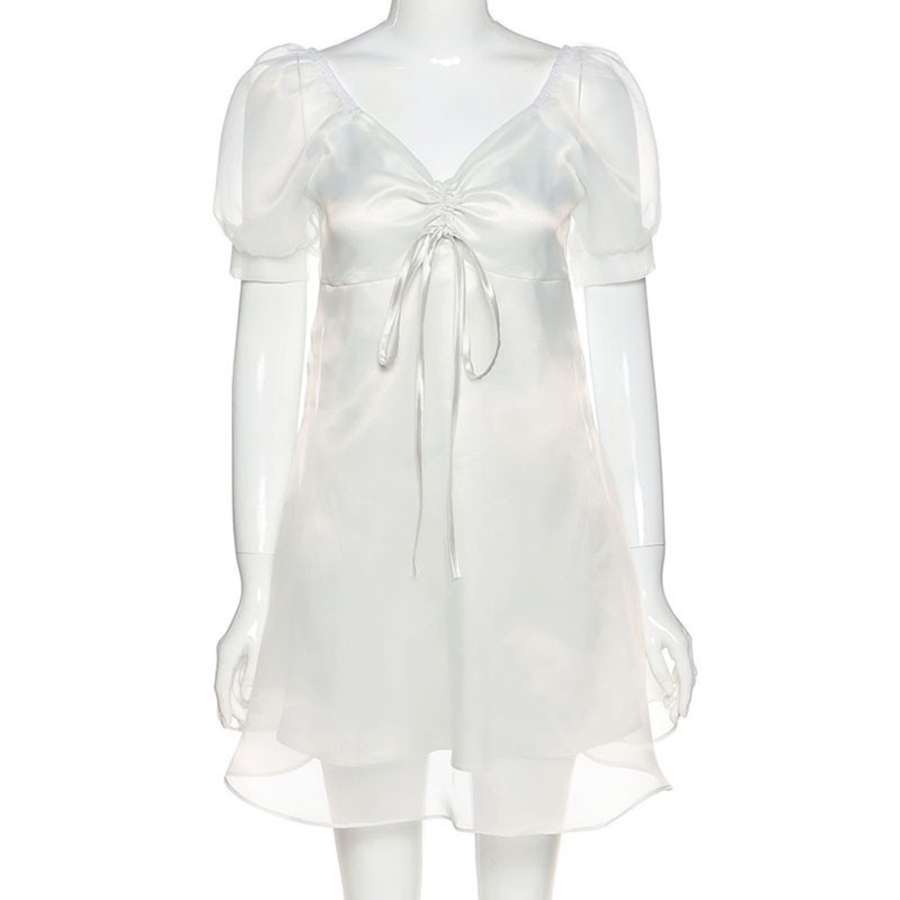 Korean Satin Layered Mini White Dress - Picture 6 of 13
